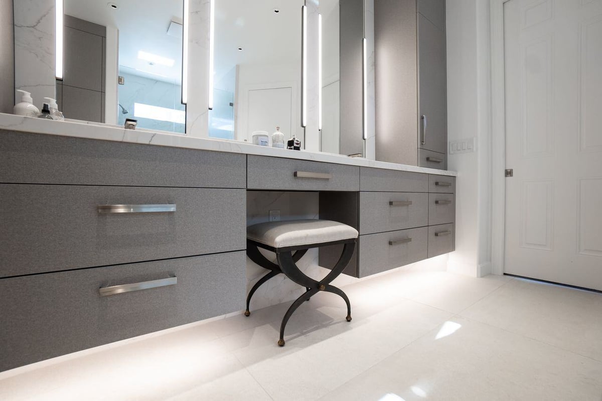 Walk-in closet with organized shoe storage and built-in cabinetry, part of a custom remodel by MGD Builders in Phoenix, AZ