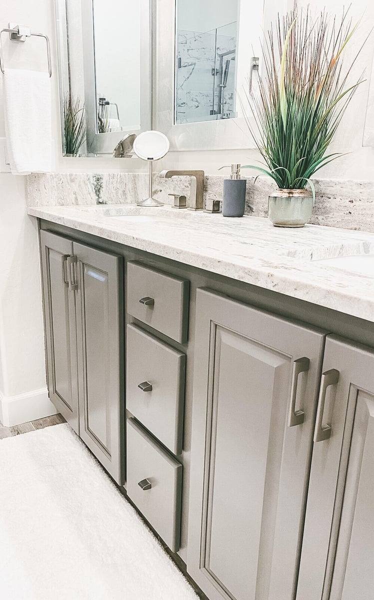 Another view of double-sink vanity with granite countertop in Phoenix, AZ master bathroom remodel by MGD Builders