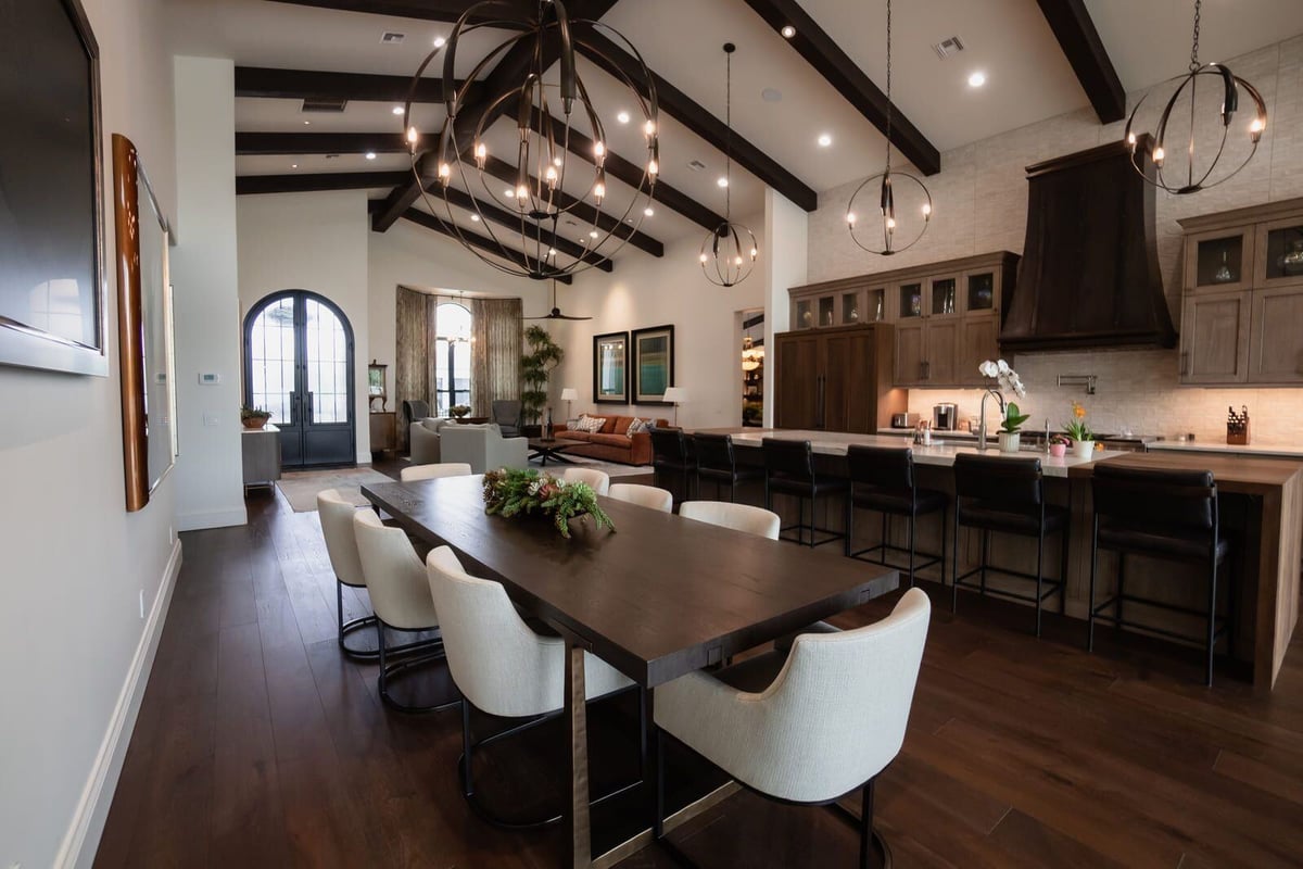 Elegant open space with dining table, kitchen island, and vaulted ceiling, Mertel Whole Home Renovation, MGD Builders, Phoenix AZ 