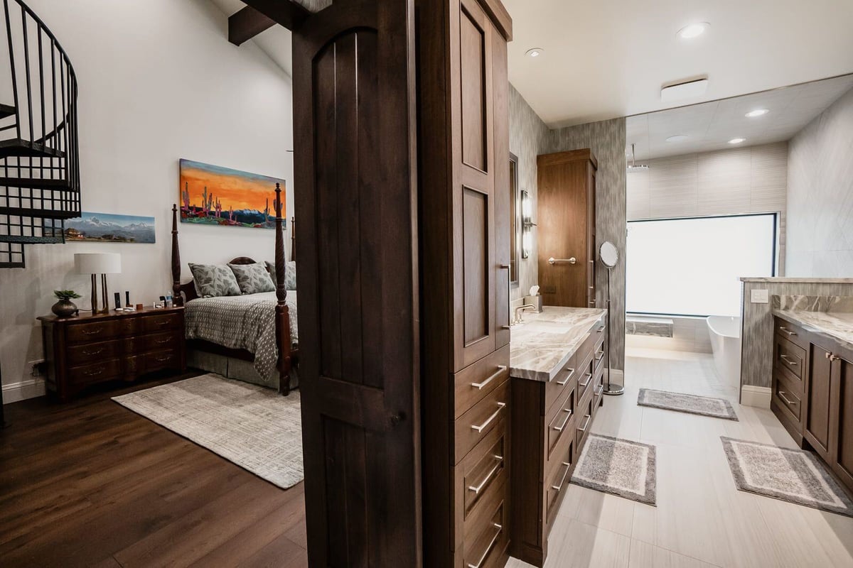 Master bedroom and bathroom suite with custom wood cabinetry, Phoenix renovation by MGD Builders 