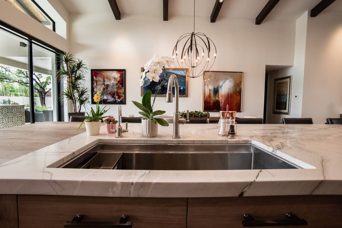 Open concept kitchen with wood cabinetry and marble island, Mertel Whole Home Renovation, MGD Builders, Phoenix AZ 