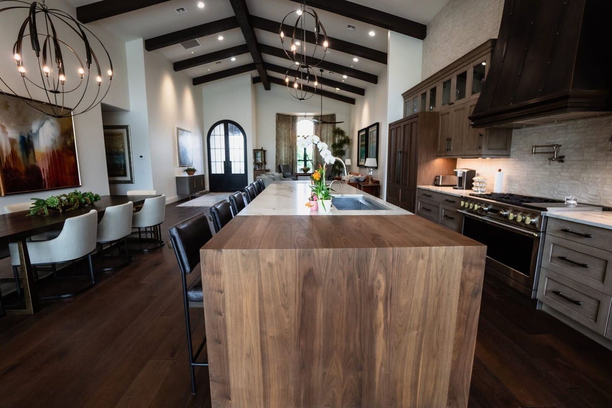 Open kitchen featuring marble island and custom wooden cabinets, Mertel Whole Home Renovation, MGD Builders, Phoenix AZ 