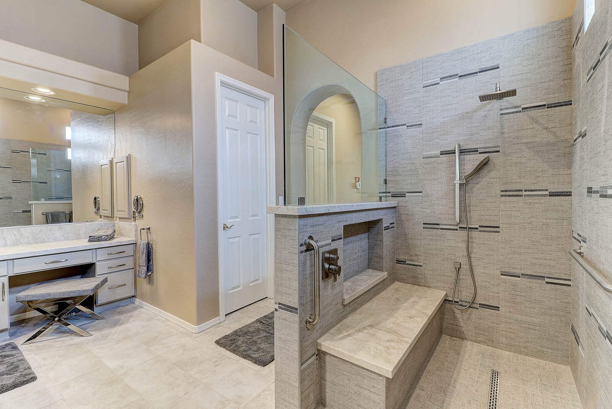 Spacious bathroom remodel with a walk-in shower and custom vanity, MGD Builders, Phoenix, AZ