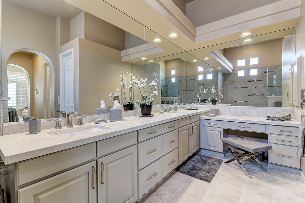 Spacious double vanity in a bathroom remodel with large mirrors and custom cabinetry, MGD Builders, Phoenix, AZ